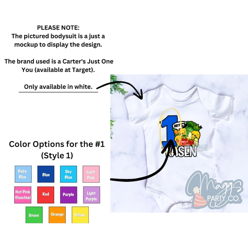 Op de afbeelding: Witte baby romper met een blauw nummer &eacute;&eacute;n en een afbeelding van cartoon groenten. De tekst "Hey I'm One" en "ASEN" staan op de romper. De romper is verkrijgbaar in verschillende kleuren.
