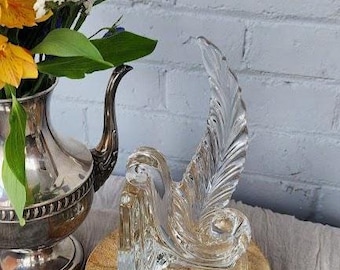 Vintage Heavy Pressed Glass Feather Bookend | Clear Glass Quill Sculpture | Art Deco Style Plume | Minimalist Shelf Decor | Pre-Loved
