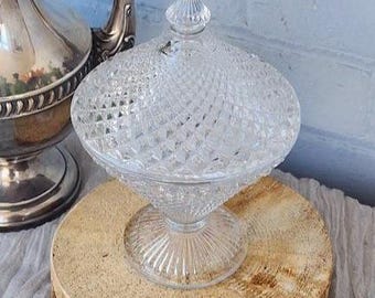 Vintage Cut Glass Pedestal Candy Dish with Lid – Diamond Pattern Compote Bowl – Elegant Dessert Server – Pre-Loved Upcycled Glassware