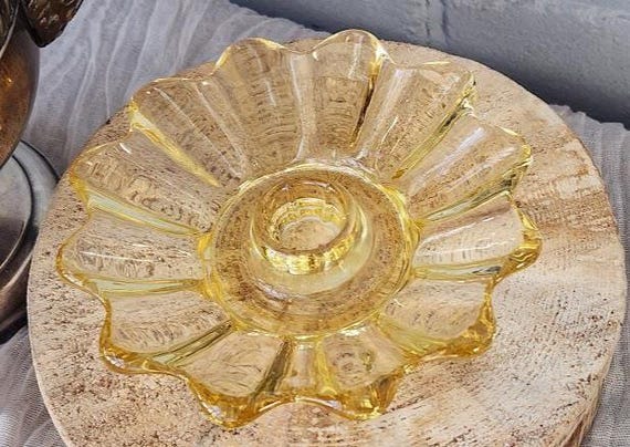 Vintage Amber Glass Candle Holders Set of 2 – Yellow Pressed Glass Taper Holders–Retro Floral Candlesticks–Wedding Table Decor–Cottagecore