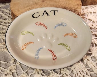 Plato para gatos de principios de la década de 2000 / Cuenco de cerámica para gatos Fido's Diner / Plato para mascotas con diseño de espina de pescado / Regalo de segunda mano para amantes de los gatos