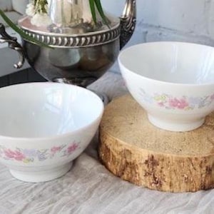 May include: Two white ceramic bowls with floral patterns. The bowls have a rounded shape and are decorated with pink, purple, and yellow flowers. One bowl sits on a wooden slice, and the other is on a white surface.