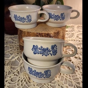 Vintage Pfaltzgraff Folk Art Blue Soup Cups Set of 4 | Rustic Stoneware Handled Bowls | Farmhouse Kitchen Cottagecore Decor | 1980s USA