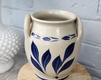 Vintage Williamsburg Pottery Stoneware Crock Blue Salt Glaze Farmhouse Vase Primitive Utensil Holder Cottagecore Decor