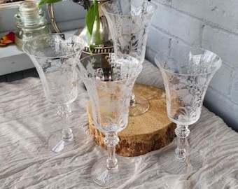 Vintage Etched Glass Stemware Set of 4 | Fostoria Navarre Style Wine Glasses | Floral Elegant Glass Goblets | Cottagecore Wedding Barware