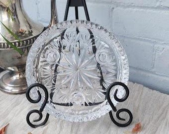 Vintage Cut Glass Ashtray w/ Cigarette Holders | Starburst Pressed Glass Dish | Mid Century Barware | Heavy Crystal Style Catchall