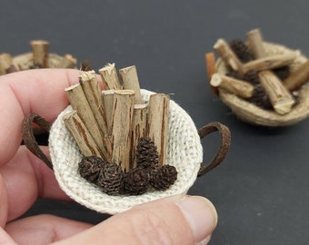 Miniature fire wood basket scale 1/12, Miniature Food for Dollhouse