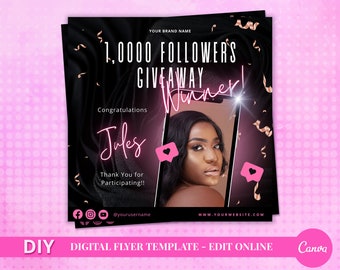 DIY 1,000 Followers Giveaway Winner Announcement Digital Flyer Template in Black and Pink