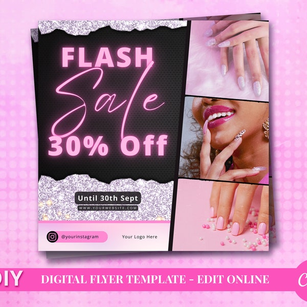 DIY Pink Neon Digital Flyer for Nails Business - Flash Sale Flyer Canva Template