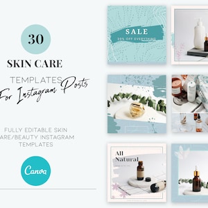 Peut inclure: Un ensemble de 30 modèles de publication Instagram personnalisables pour les marques de soins de la peau et de beauté. Les modèles présentent une palette de couleurs bleu clair et blanc avec des formes abstraites, des éléments floraux et des maquettes de produits. Les textes "SOLDES 20% DE REMISE SUR TOUT" et "Tout Naturel" sont inclus dans les modèles.