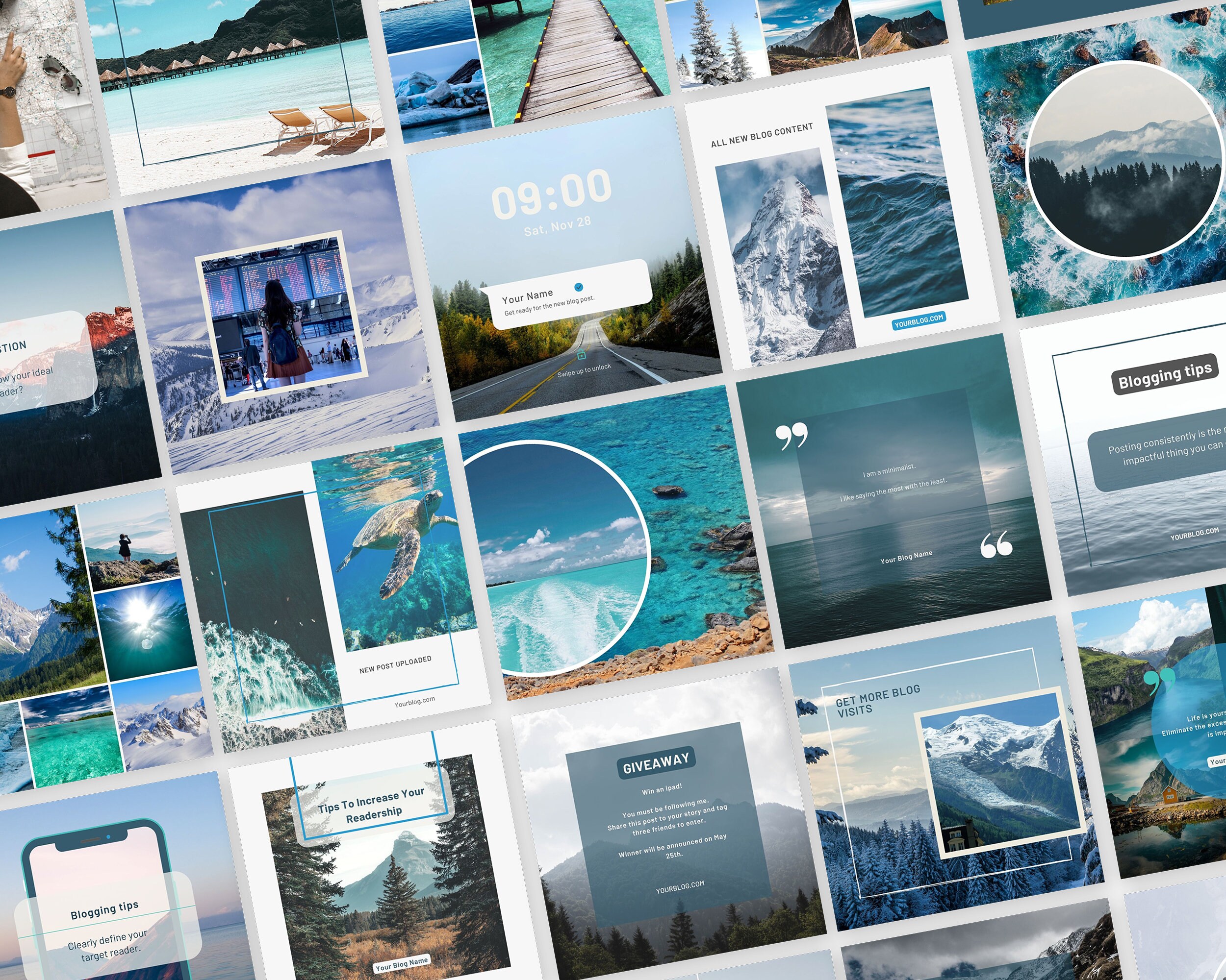 50 Blue Travel Blogger Instagram Templates – Canva Posts (digital ...
