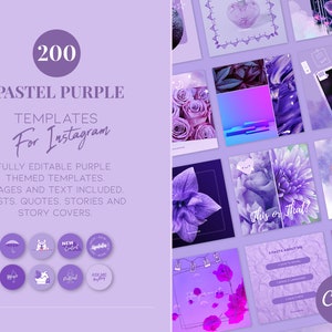 200 Pastel Purple Aesthetic Instagram Template Bundle for Canva - Includes posts, quotes, stories and covers