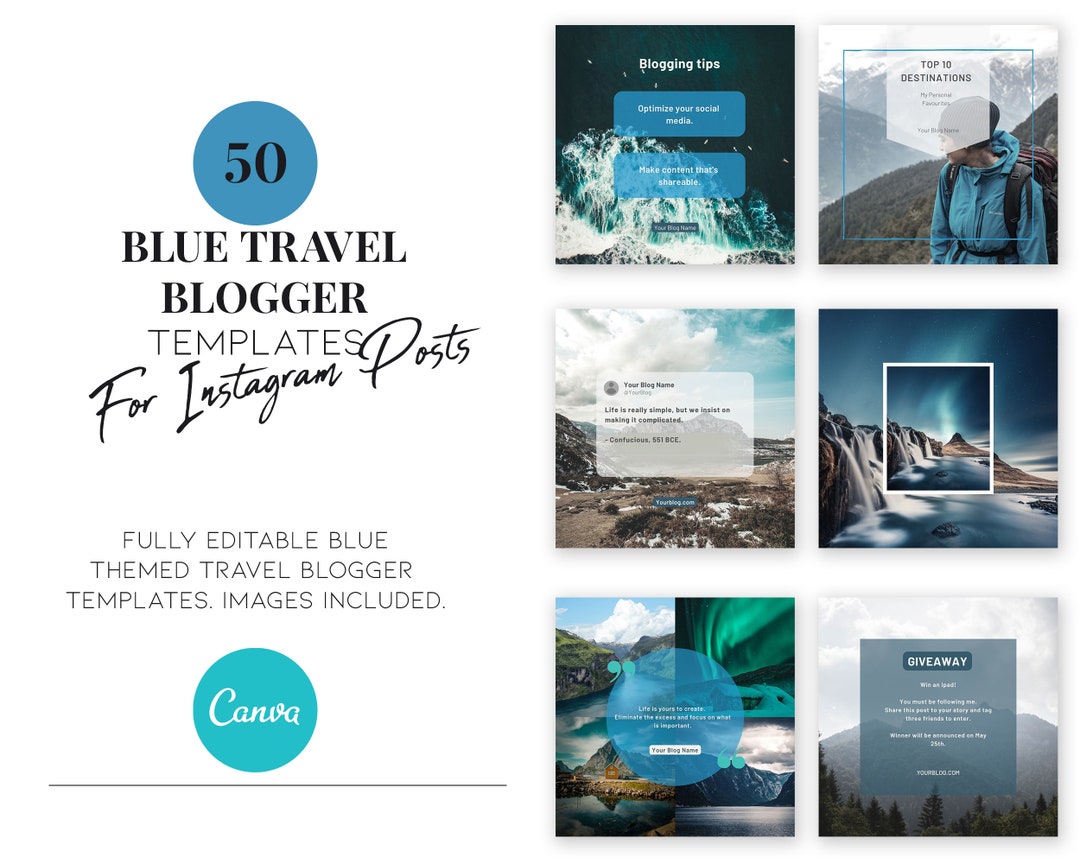 50 Blue Travel Blogger Instagram Templates – Canva Posts (digital ...