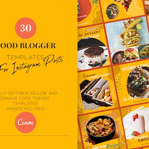 30 Food Blogger Templates for Instagram Posts - Editable Canva Templates - Orange and Yellow
