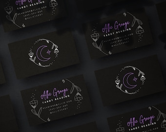 Witchy Business Card Template - Purple Moon, Editable Logo (Canva)