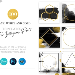 Black White and Gold Instagram Templates with Watercolor and Oil Paint Texture