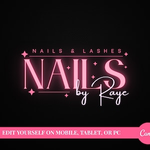 May include: Pink logo design for a business called "Nails by Kaye" with the text "Nails & Lashes" above the main logo. The logo features a stylized font for the word "Nails" with a small star on each side of the word. The text "by Kaye" is written in a cursive font below the word "Nails". The logo is set against a black background.