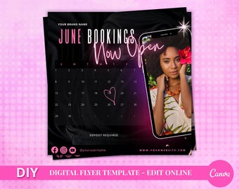 Salon June Bookings Flyer Template – Hot Pink Neon Design (Digital Download)