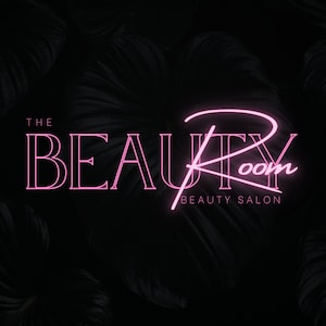 Peut inclure: Le logo du salon de beauté The Beauty Room avec des lettres en néon rose sur un fond noir avec des feuilles vert foncé.