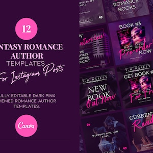 12 Instagram Posts for Fantasy Romance Author in Dark Pink - DIY Canva templates