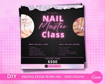 Puede incluir: Un folleto digital negro y rosa para una clase de maestro de uñas. El folleto incluye el texto "NAIL Master Class" en letras de neón rosa. El folleto también incluye una lista de lo que aprenderás y lo que recibirás. El precio es de 500 €. El folleto incluye un identificador de redes sociales @yourinstagram.