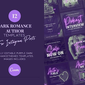 12 DIY Instagram Posts for Dark Romance Author in Dark Purple - Templates for Canva