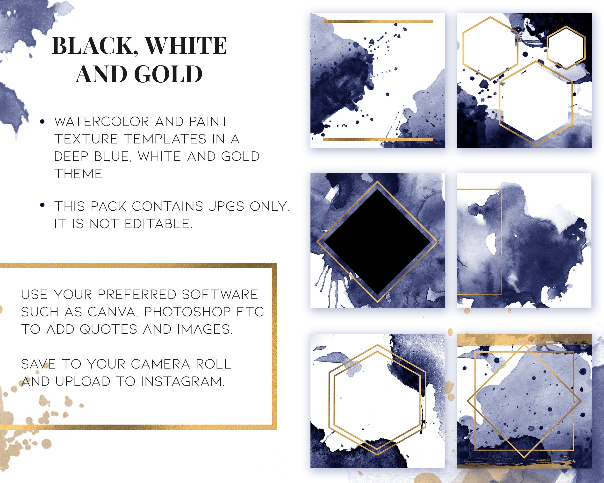 Deep Blue and Gold Blank Instagram Templates - Watercolors and Oil ...