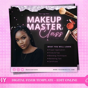 Può includere: Un volantino digitale in bianco e nero con il viso di una donna nell'angolo in alto a sinistra. Il volantino pubblicizza un corso di trucco master che inizia il 28 novembre. Il volantino include il testo "MAKEUP MASTER Class" e elenca cosa imparerai nel corso, tra cui l'applicazione corretta, trucchi e suggerimenti, tecniche di miscelazione, suggerimenti di marketing e un certificato. Il volantino include anche icone di social media e un indirizzo del sito web.