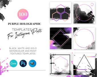 Blank Templates for Instagram Posts-  Purple Holographic Metallic and Black Watercolor