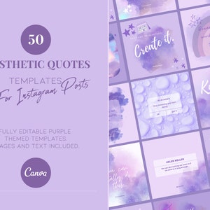 Puede incluir: Plantillas estéticas para publicaciones de Instagram en tonos morados con citas. Las plantillas son totalmente editables e incluyen imágenes y texto. La imagen muestra el texto "50 Aesthetic Quotes Templates For Instagram Posts" y el logo de Canva.