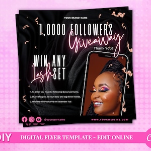 DIY 1,000 Followers Giveaway Digital Flyer Template in Black and Pink