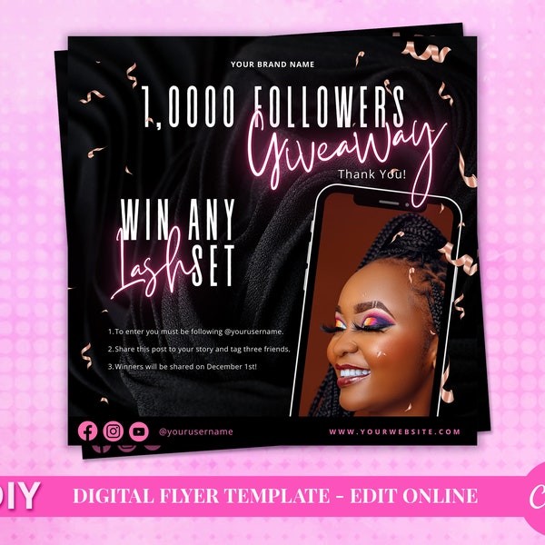 DIY 1.000 Follower Giveaway Digitale Flyer-Vorlage in Schwarz und Pink