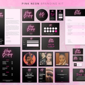 Large Branding Kit in Neon Pink and Black, Logo, Business Card, Social Media Templates and More - Editable in Canva
