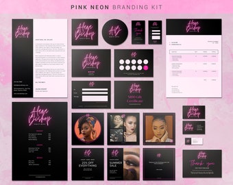 Puede incluir: Kit de marca para un negocio de belleza llamado "Aline Bishop Beauty", que incluye un logotipo de neón rosa, una lista de precios, certificados de regalo, gráficos para redes sociales y tarjetas de agradecimiento.