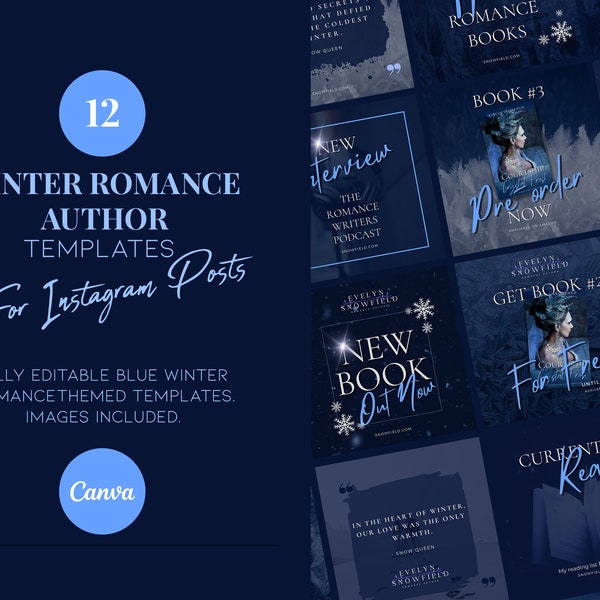 12 Instagram Posts for Winter Romance Author in Dark Blue - DIY Canva templates