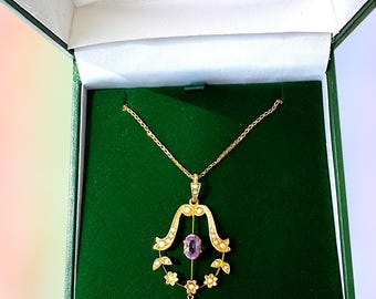 Edwardian/Victorian  Art Nouveau 9ct Gold Amethyst Pearl Pendant Chain, Howard & Walsh