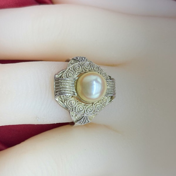 Antique  THEODOR FAHRNER Silver  Gilt Marcasite Pearl Ring