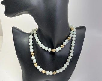 Vintage White Green Jade Jadeite & 14ct Gold Bead Necklace