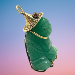 Pendentif bouddha Art déco en jade néphrite et en or massif 14 ct, breloque