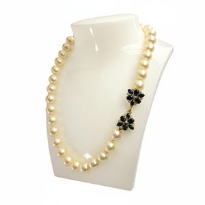 Vintage Akoya Cultured Pearl Necklace, 9-9.5mm Pearls. Sapphire & Diamond 22ct Gold Butterfly Clasp