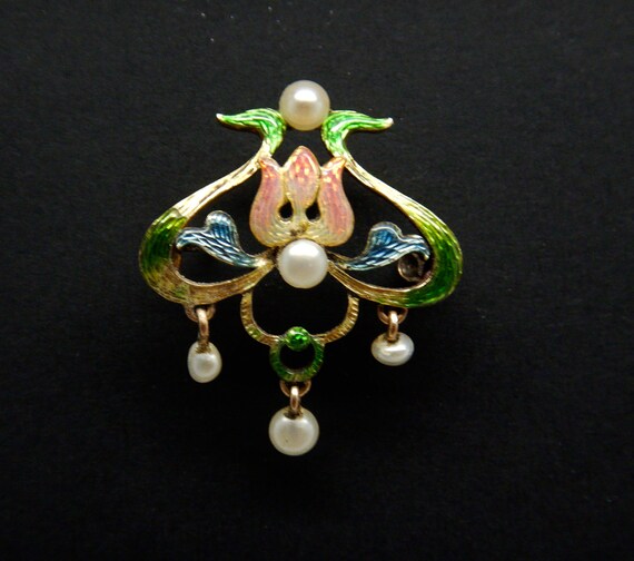 Art Nouveau 14CT Gold & Polychrome Enamel Brooch