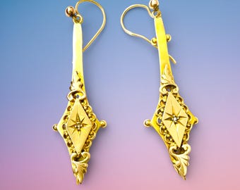 Victorian 9ct Yellow Gold & Diamond Dangle Earrings