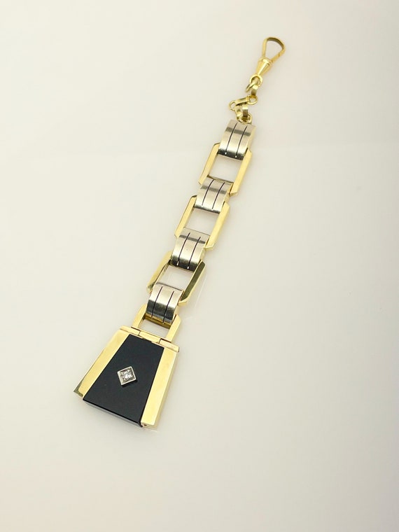 Art Deco 14 ct Gold Onyx & Diamond Key Chain, Key… - image 1