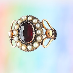Antique Georgian Garnet & Pearl 9ct Gold Ring