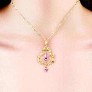 Victorian / Edwardian Art Nouveau 9ct Gold Amethyst Pearl Pendant Chain
