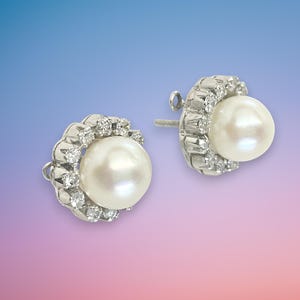 Art Deco Diamond Pearl Platinum Stud Earrings