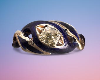 Antique Victorian Enamel and 1.0 ct  Solitaire Diamond Ring