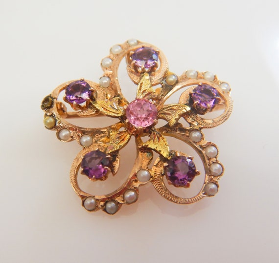 Victorian  12 ct Gold , Rose Quartz, Paste & Pear… - image 1