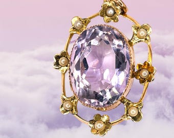 Edwardian 9ct Gold Lavender Amethyst Pendant with pearls C 1905
