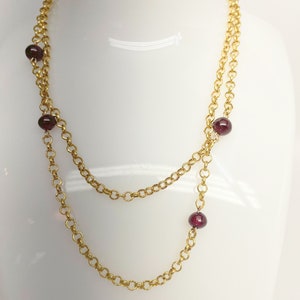 Antique 9ct Solid Gold Garnet Bead Chain Necklace 25 inch 7.9  gms Edwardian Barrel Clasp, January Birthstone